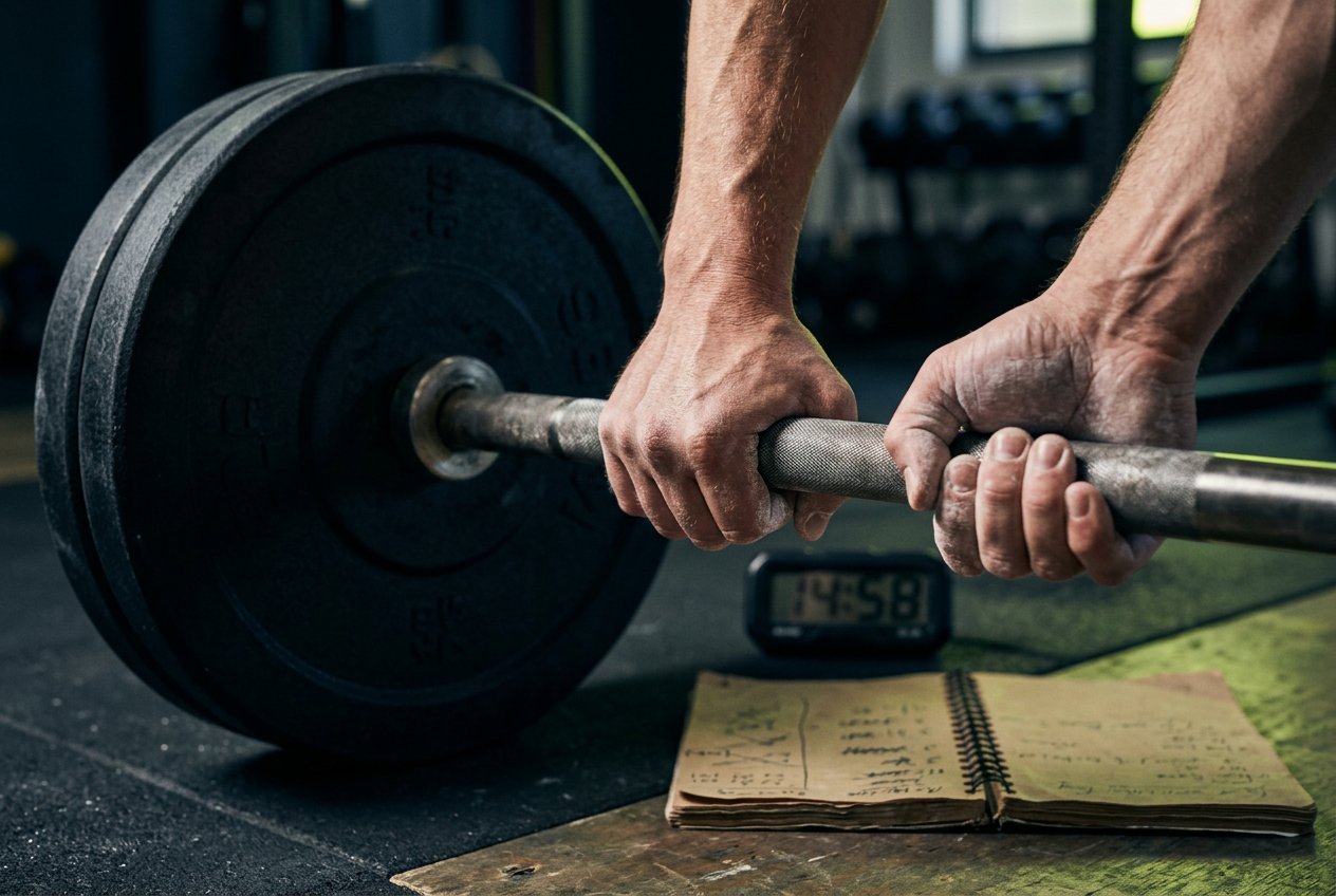 Barbell, halterschijven, trainingslog en timer als symbool voor meetbare progressie