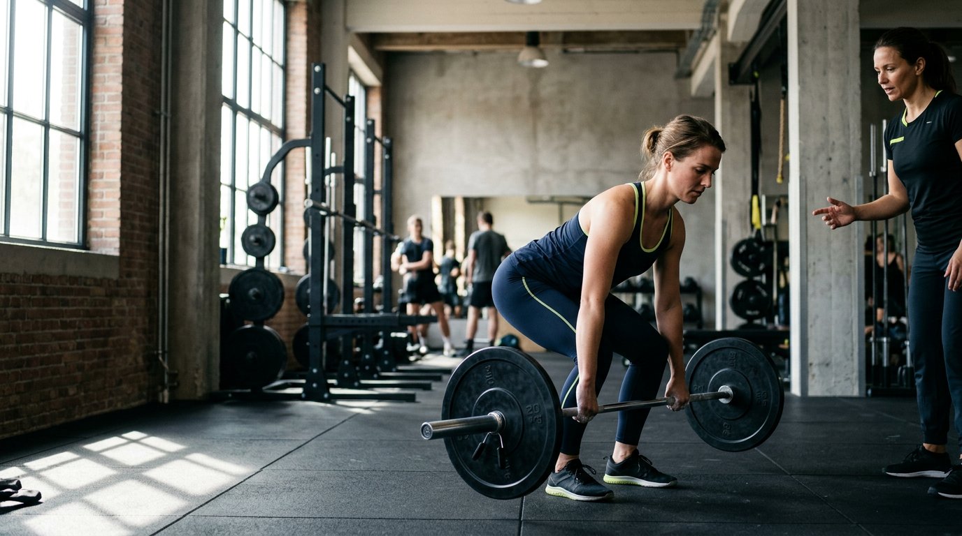 Beginnende sporter voert een deadlift uit terwijl een trainer aanwijzingen geeft