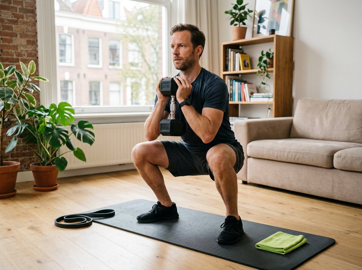 Sporter voert thuis een goblet squat uit met een dumbbell