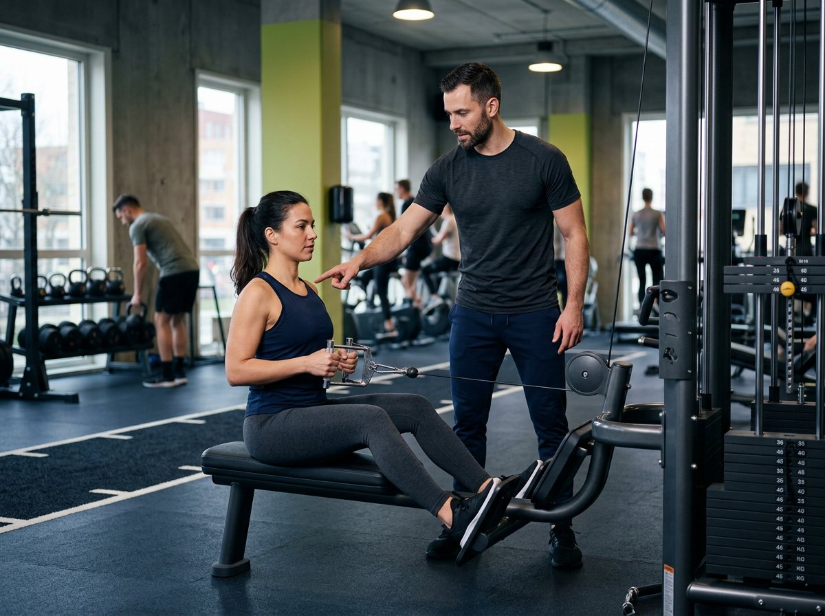 Personal trainer geeft rustige aanwijzingen bij een kabelroeioefening